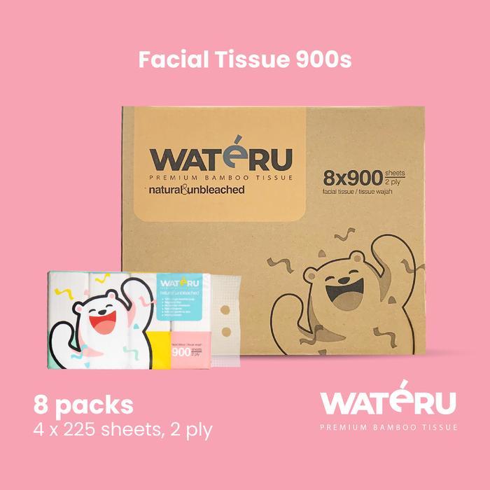 Wateru Facial Tissue 900s, 8 packs, 4 x 225 sheets | Natural & Unbleached | Wateru Premium Bamboo Ti