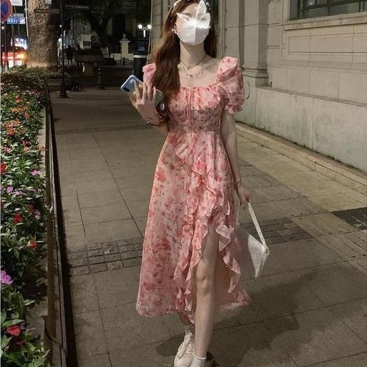PROMO Sexy Pink Floral Midi Dress with Frill (Belahan TIDAK Setinggi difoto) - Dress Casual Kasual /