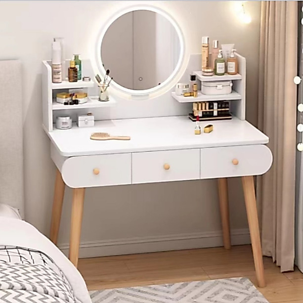 Meja Rias Rak Kosmetik Meja Rias Lampu LED Meja Rias Aesthetic Minimalis Mini Modern Meja