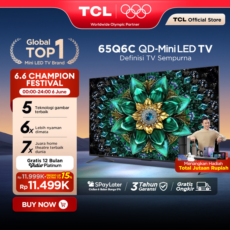 TCL 65 Inch QD-Mini LED TV Q6C - AiPQ Pro Processor - 6in1 Healthy Eye care - 144Hz - Smart Android 