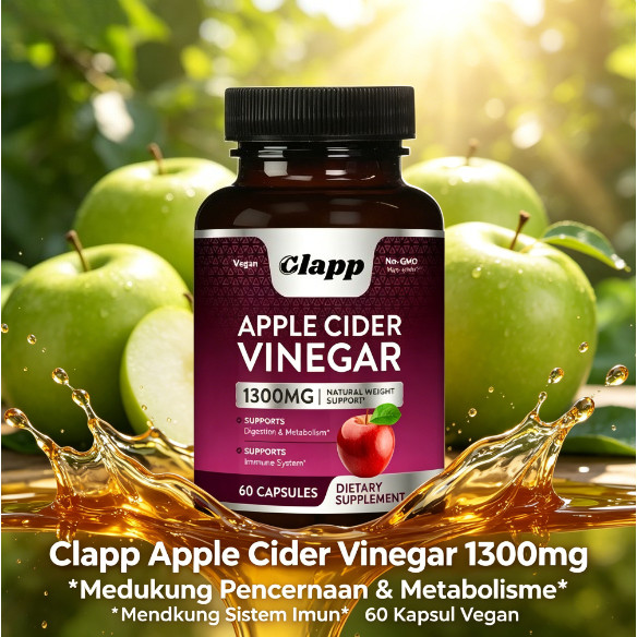 Clapp Apple Cider Vinegar 1300mg – 60 Kapsul Vegan Support Pencernaan, Metabolisme & Sistem Imun