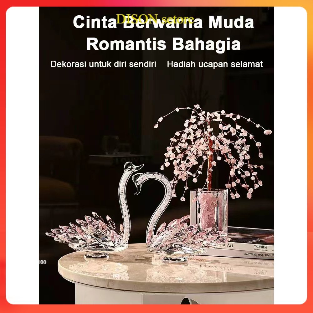 DISON Hiasan Angsa Kristal Merah Muda Bertabur Berlian Romantis Angsa Kristal Elegan Mewah Dekorasi 