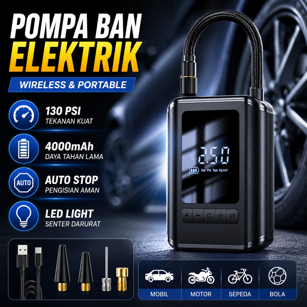 Pompa Ban Elektrik 60W 4000mAh Portable Tanpa Kabel 130 PSI Layar Digital Auto Stop Senter LED Untuk