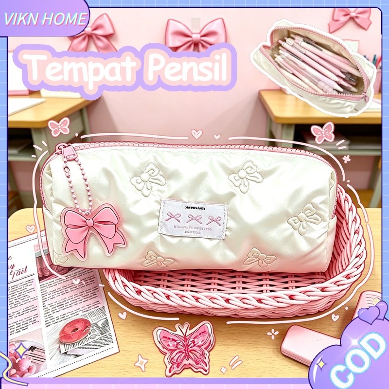 Tempat Pensil Pita Pink Aesthetic Kapasitas Besar Kotak Pulpen Lucu  Tas Kosmetik Multifungsi