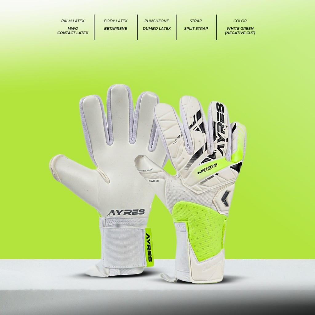 Sarung Tangan Kiper AYRES NEROS EVOLUTION White Green - Negative Cut Premium MWG Contact Latex Glove