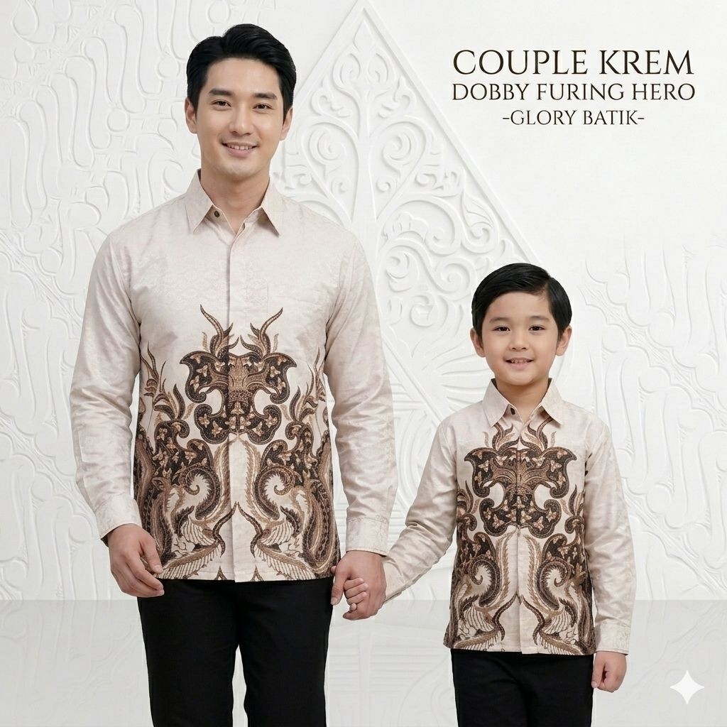 Couple Batik Cream Ayah Anak Dobby Furing Premium | Atasan Batik Dobby Lengan Panjang | Baju Batik b