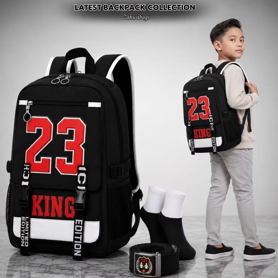 WB _ Tas Ransel Anak Sekolah JORDAN23 Laki Laki Perempuan Keren TK SD SMP Motif Basket Ball