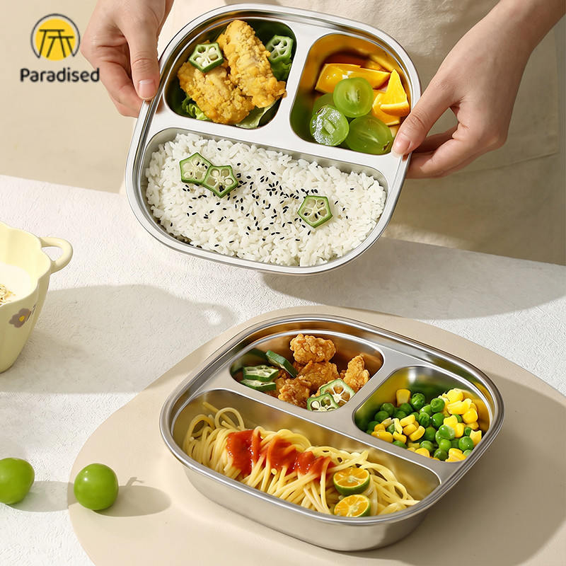 Paradised Stainless Steel Food Tray Plate Piring Makan Sekat / Piring Stainless Steel 3 Sekat Motif 