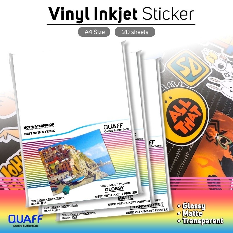 Stiker Inkjet Vinyl A4 Glossy / Matte / Transparan (20 lembar) kertas stiker glossy printer stiker