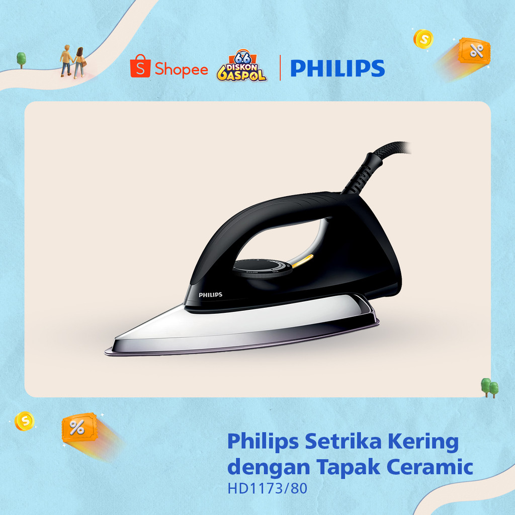 Philips Setrika kering HD1173/80 Hitam, Ceramic 4 Lapis, Anti-Lengket, seterika philips,gosokan baju