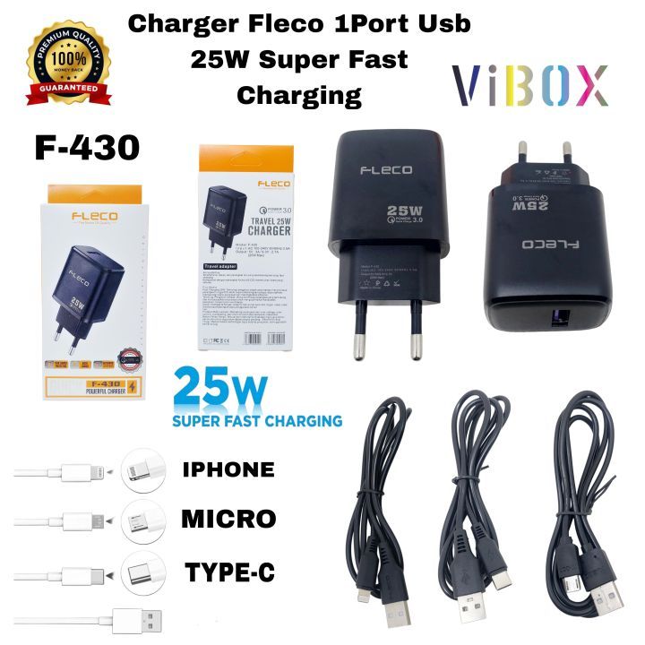 [FLECO F-430] Travel Charger Fleco F-430 25W Casan HP Micro Type C Lightning Kepala Charger Fleco Fa