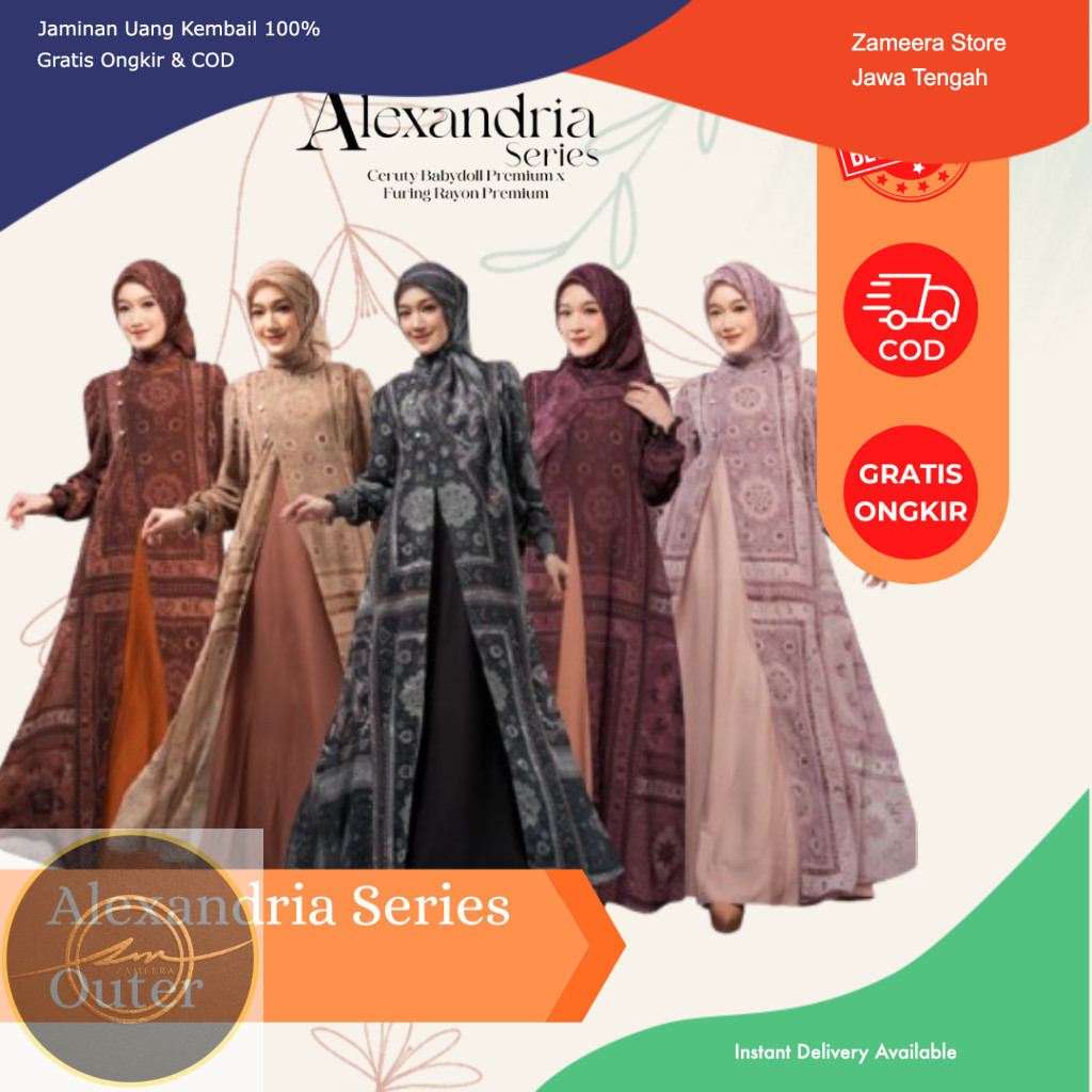 Dress Gamis Wanita Zameera Alexandria Series - Babydoll Premium Busui Wudhu Friendly Free Scarf