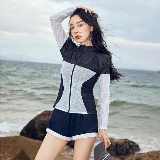 TMBM Savu 3-piece bikini baju renang swimwear swimsuit outer lengan panjang long sleeve white black 