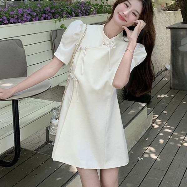[Warna Wanita][COD] Gaun Kancing Mutiara Baru Wanita - Rok Pendek Elegan Mewah dan Melangsingkan