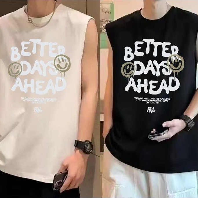 Kaos tanpa lengan untuk pria, gaya Jepang, trendi, gaya ins, cetakan huruf, longgar, kasual, pakaian