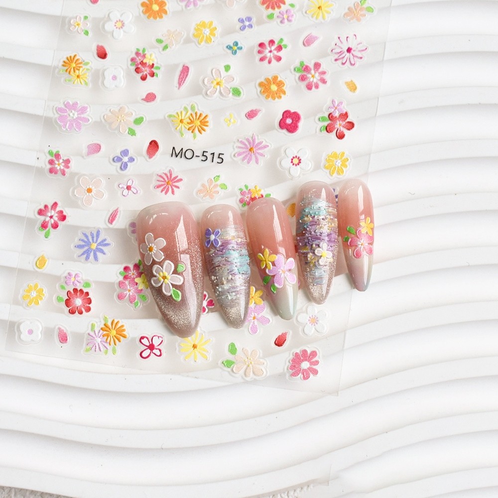 Dekorasi Kuku Stiker 3D Emboss Bunga Doodle Lucu Daisy Cat Minyak Beragam Warna Nail Art DIY Manikur