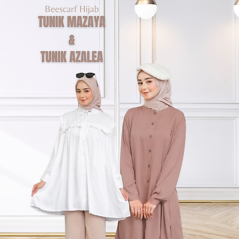 Tunik Dewasa Polos Mazaya Plain Azalea Lengan Panjang Bahan Katun Rayon Twill By Beescarf Busui Frie