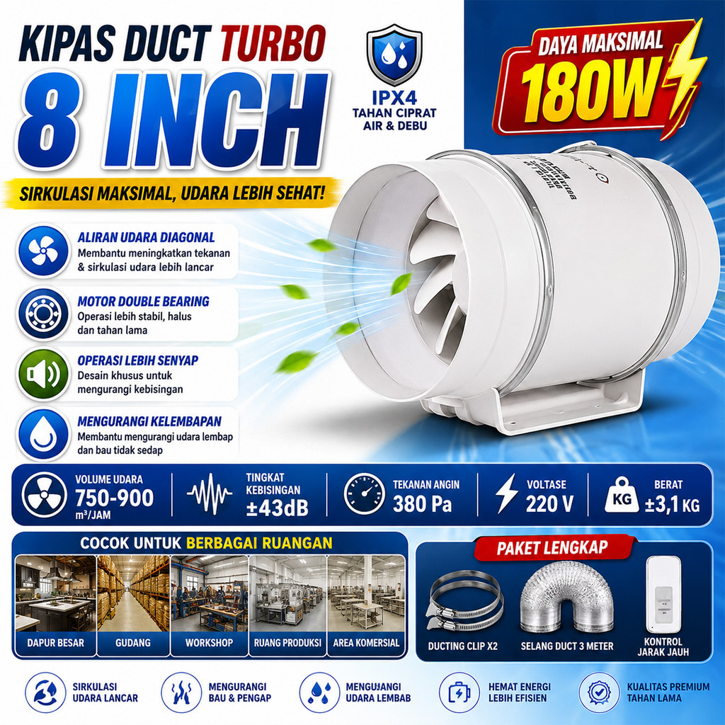 8 Inch Kipas Angin Buang Diam Exhaust Fan Dinding Atap Inline Duct Fan Blower Hisap Ekstraktor Kipas