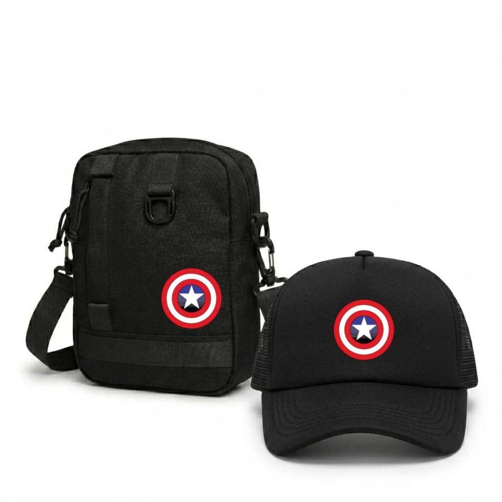 Paket Hemat Tas Selempang Anak Kotak Plus Topi Karakter Spiderman Batman Superman CA / Sling Bag Ana