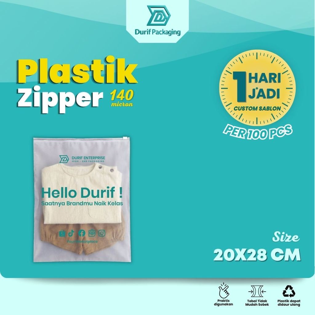Custom Sablon (100 pcs) Zipper Bag Travel Pouch 20x28 Ketebalan 140 Micron Premium Sablon Durif