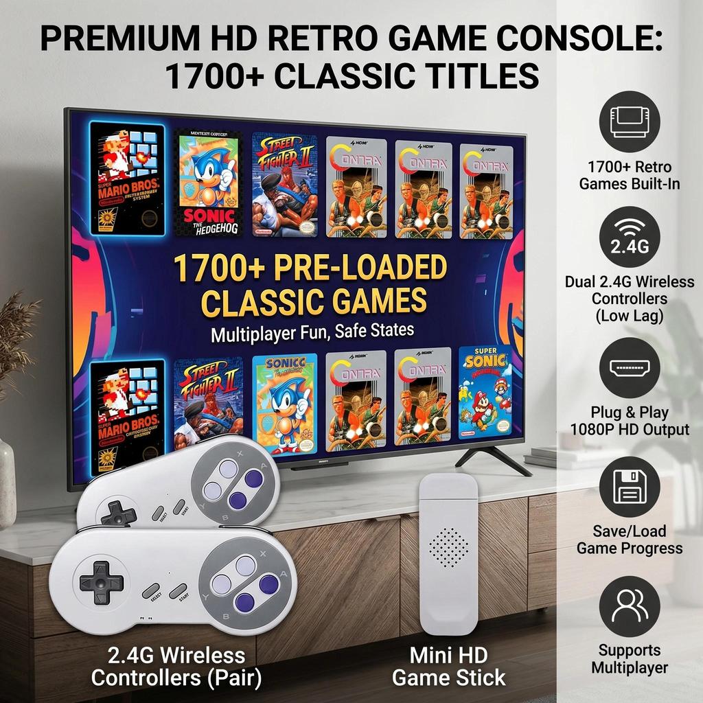 SF900 1080P HD Retro Game Stick TV Video Game Console 5000+ Classic SNES Games 2 Wireless Controller