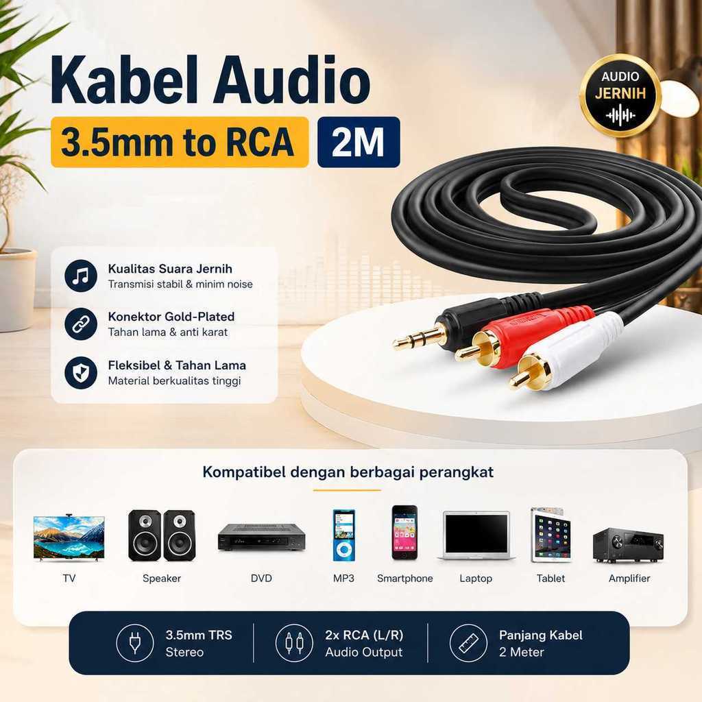 Kabel AUX 3.5mm to 2 RCA Male Speaker Kabel Audio HP ke TV Amplifier
