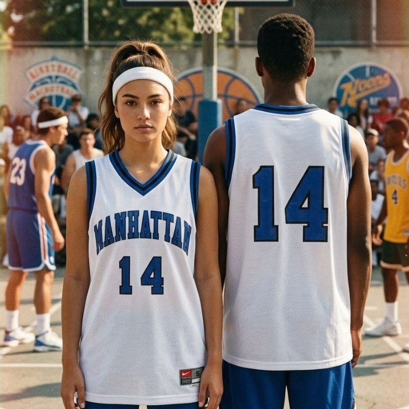 (Jersey Branded) Vintage Nike Team "Manhattan 14" 90s White Blue Basketball Jersey USA Made