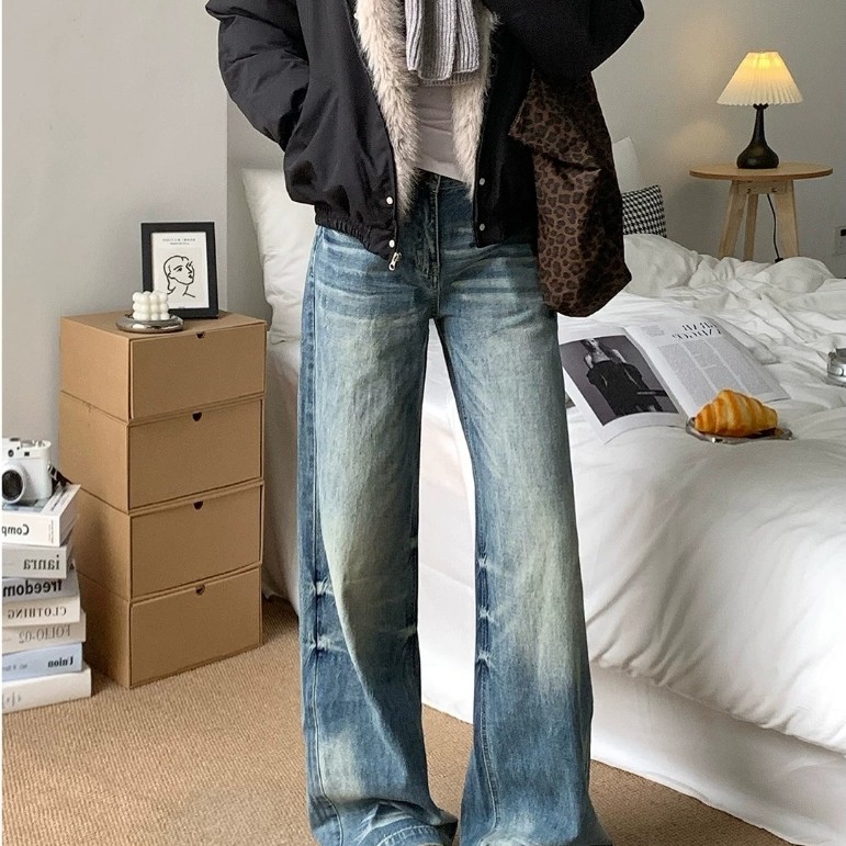 YOYO - New Retro Highwaist Celana Jeans Wanita Biru Terbaru Celana Straight Loose Jeans Unisex