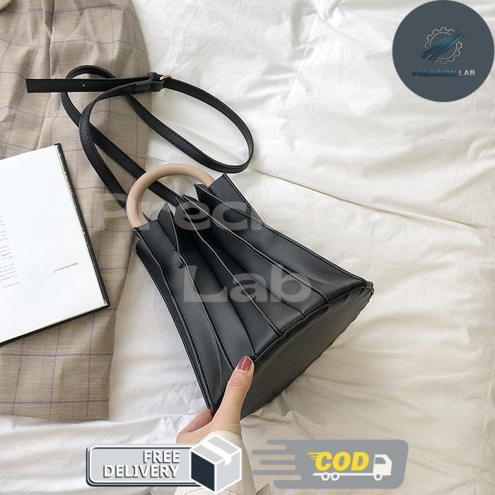 Mores Tas Selempang plisket wanita Import Premium Pleated Woman Korean Slingbag Top Handle Bag Hitam