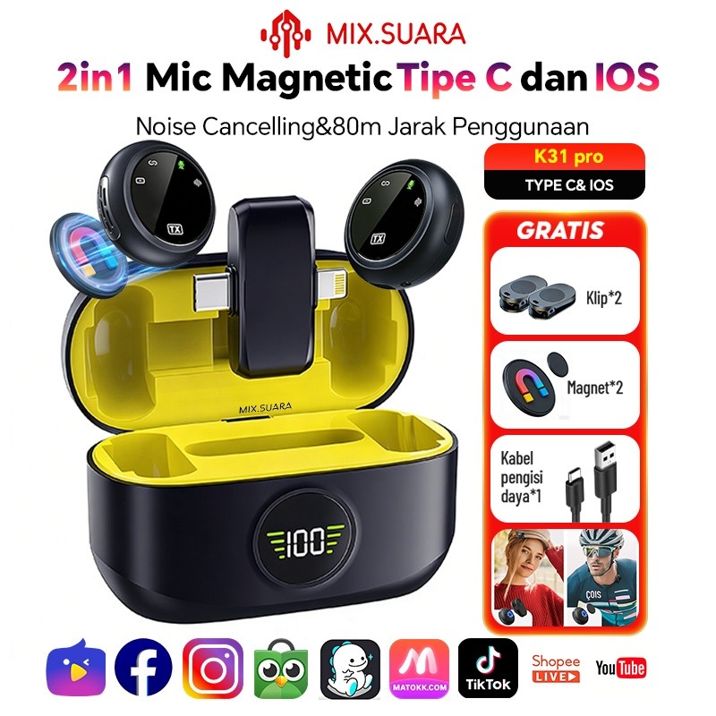 MIX.SUARA K31 Pro/A37 Mic Clip On Wireless Microphone Jepit Di Baju Type C IOS 3in1 Plug & Play Lava