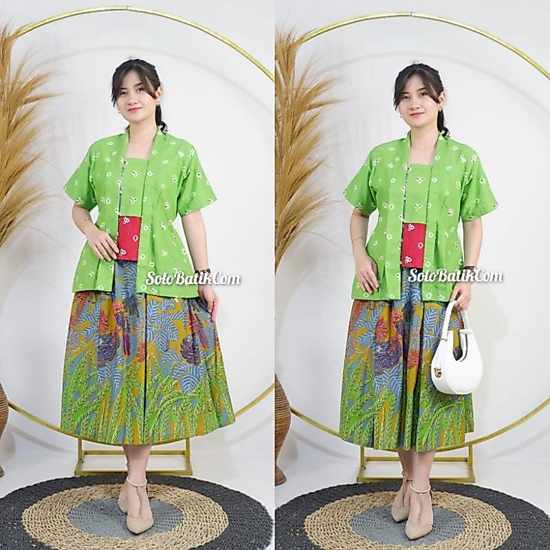 Setelan Kebaya Batik Jumputan Solo Warna Hijau Model Respati