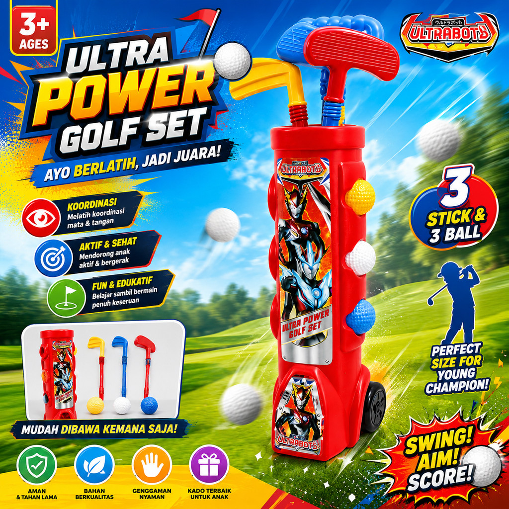 Set Mainan Golf Anak Lengkap 3 Stick 3 Bola Tas Golf Mini Edukatif Olahraga Anak Usia 3+