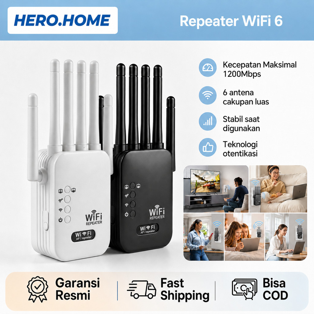 Penguat Sinyal WiFi Repeater 1200Mbps Dual Band 6 Antena WiFi6 Sinyal Kuat Jarak Jauh Tembus Dinding