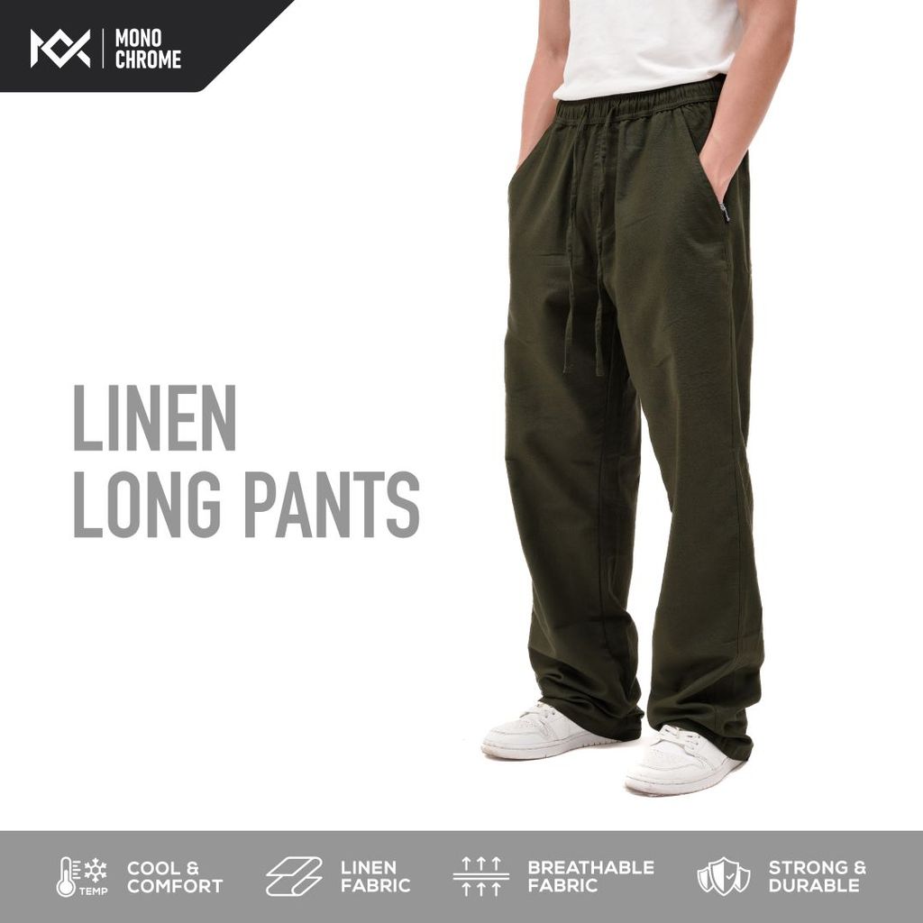 Monochrome Celana Panjang Pria Katun Linen Wide Loose Pants