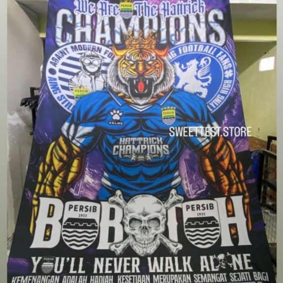 READY STOK + BENDERA PERSIB BANDUNG, BENDERA PRINTING PERSIB HATTRICK JUARA, BENDERA MAUNG BANDUNG, 