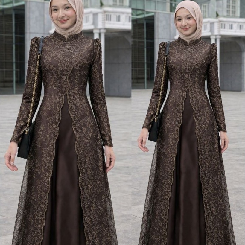 Alora Dress Gamis Satin Brokat Premium Mahogany Burgundy