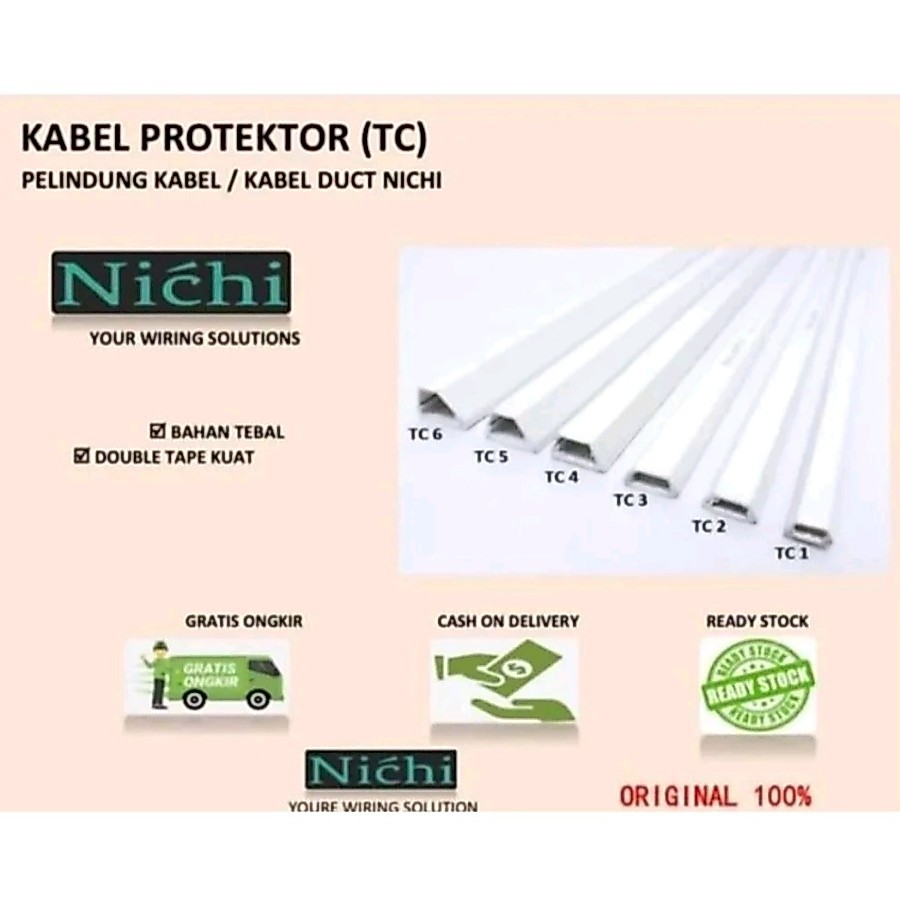 Nichi Kabel Duct Pelindung Kabel Duct PVC Putih Panjang 1 Meter dengan Perekat untuk Merapikan Kabel