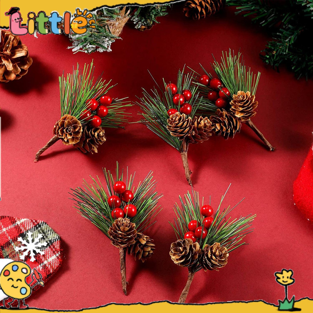 Cabang pinus buatan dengan jarum pinus, buah merah, dan kerucut pinus untuk membuat pohon Natal dan 