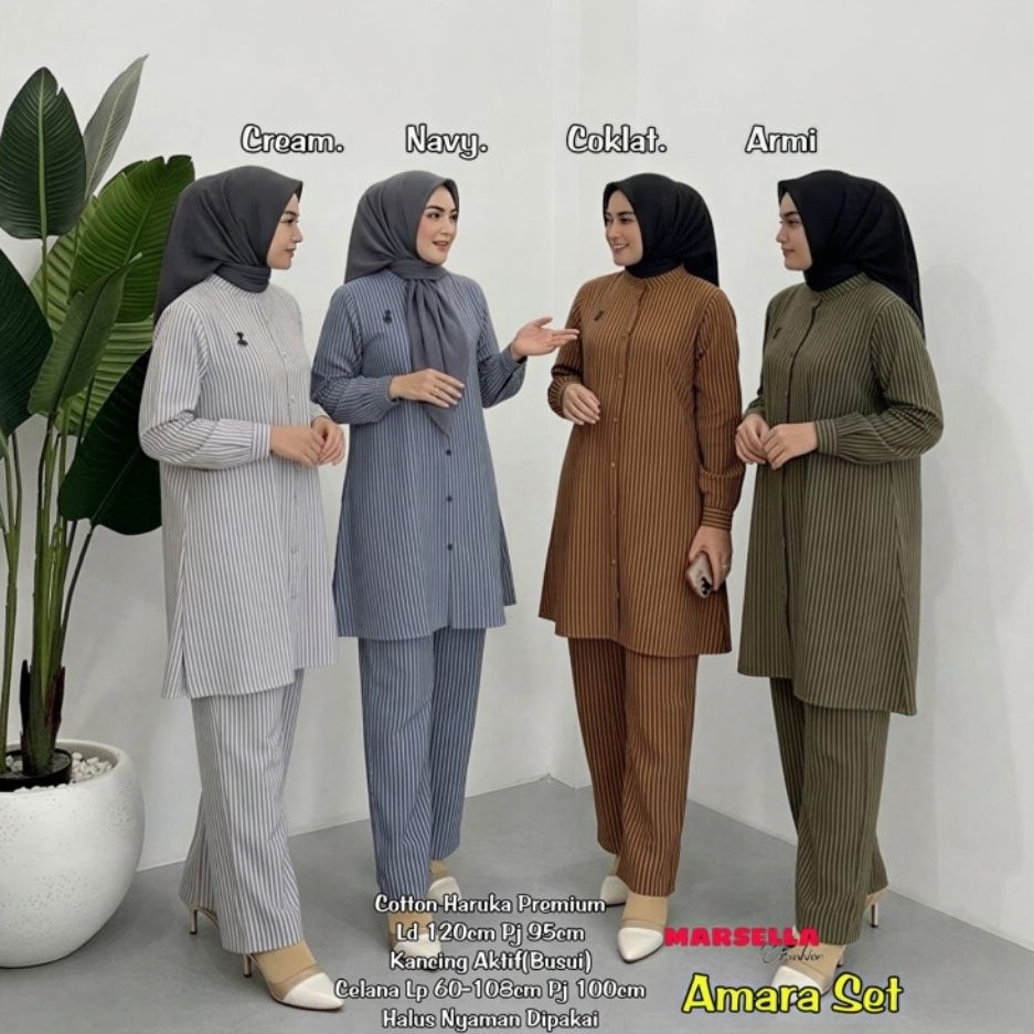 AMARA SETELAN TUNIK ELEGAN DAN CELANA PANJANG/ONE SET BLOUSE CASUAL KANCING AKTIF MOTIF GARIS/COTTON