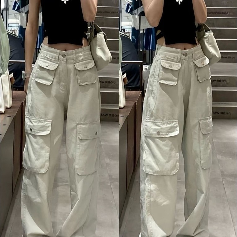 Celana cargo jeans wanita highwaist loost pants premium - jeans cewek - celana cargo denim HW korea