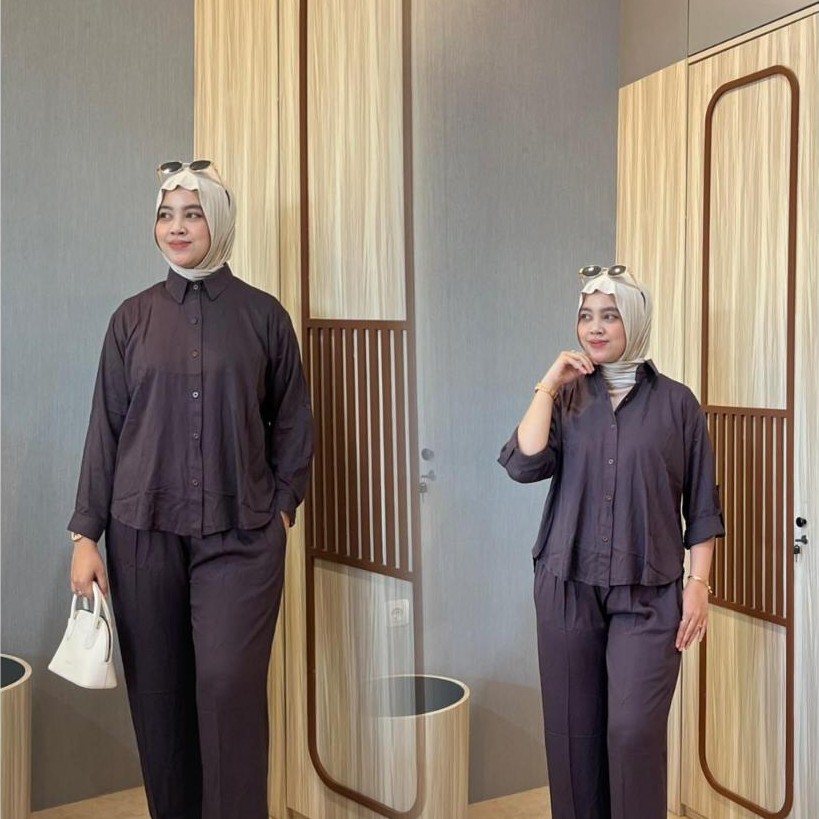 Tavira One set Rayon twill | Setelan Kemeja Kancing Celana Highwist Panjang | Setcel Rayon Twill Wan