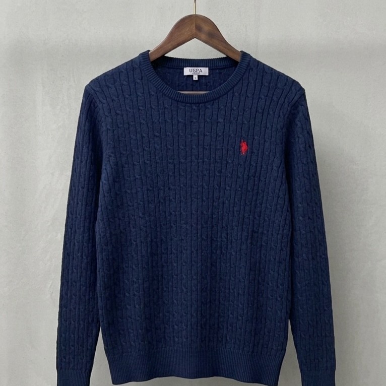 Sweater US Polo Assn USPA Cableknit Rajut Full Kepang Navy