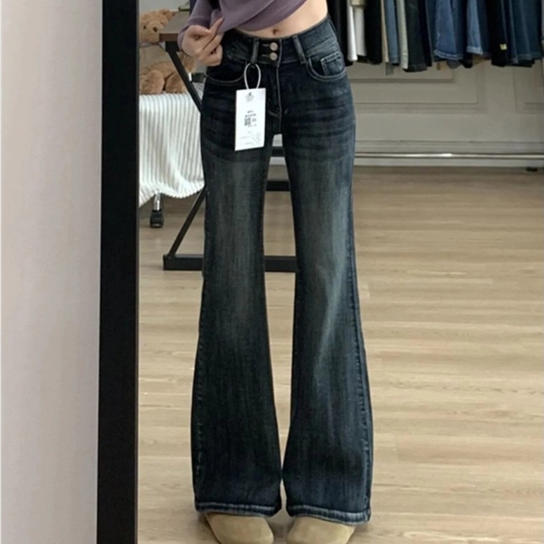 YOYO - New Celana Jeans Cutbray Wanita Highwaist Lubang kancing Premium  Biru Retro Celana Jeans Str