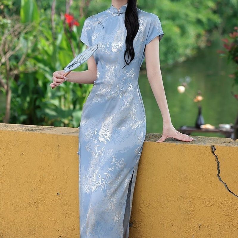 [Warna Wanita][COD] Gaun Jacquard Biru Cheongsam Modifikasi Slim Fit Cheongsam Biru Panjang