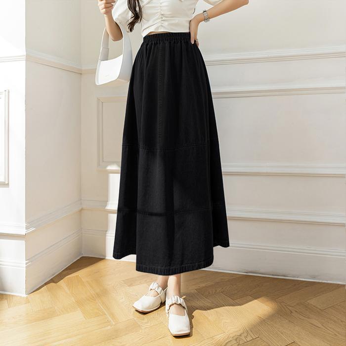 2219# Denim Skirt Rok Wanita Summer Retro Loose Splicing Mid-Length Elastic Waist Casual Umbrella Sk