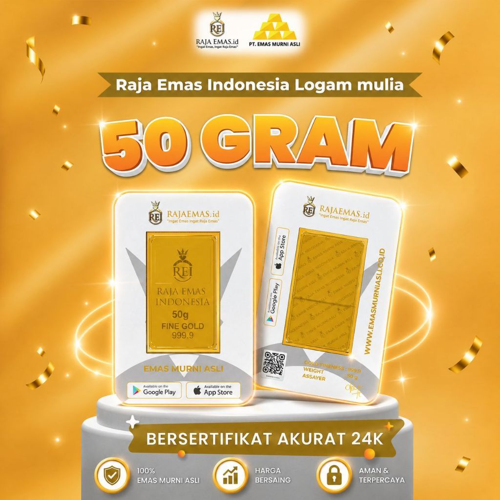 Raja Emas Indonesia Emas Logam Mulia 50 Gram 24K Bersertifikat Resmi