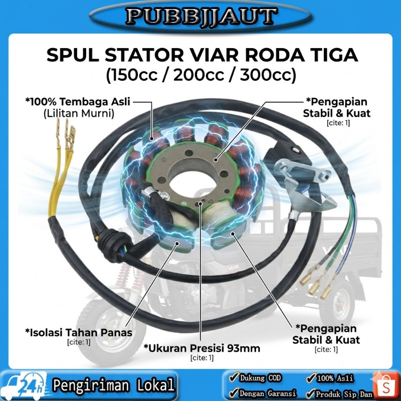 Spul Viar 150cc 200cc 300cc 12 pole/lilitan/gulungan 93mm baut 3 motor roda tiga -Sedia sparepart mo