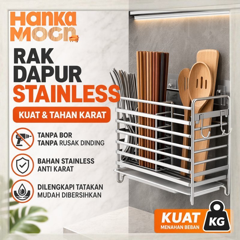 Rak Sendok Garpu Stainless Tempel Dinding Tiris Tempat Alat Makan Anti Karat Dapur Minimalis