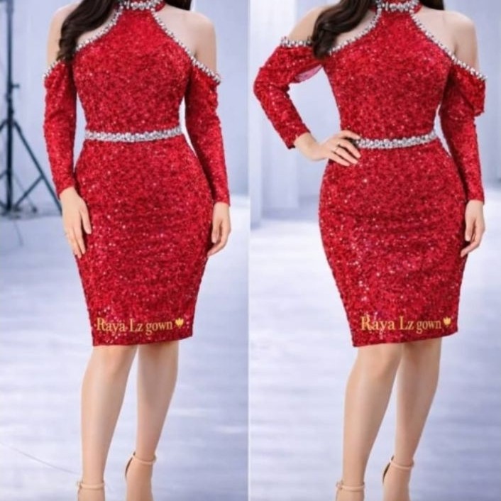 baju penyanyi dress pesta tangan panjang warna merah LD 90 - 110