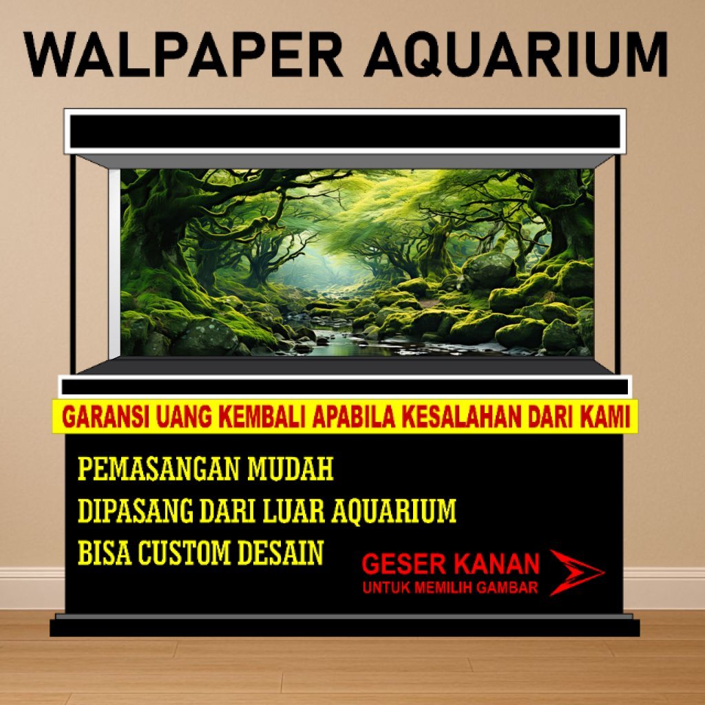 beground aquarium, background wallpaper aquarium belakang 3d, hiasan aquarium air terjun hutan